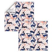 Normal scale // Deco Gazelles Garden // white background navy animals and rose metal textured decorative elements