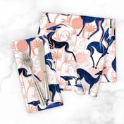 Normal scale // Deco Gazelles Garden // white background navy animals and rose metal textured decorative elements