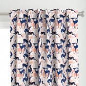 Normal scale // Deco Gazelles Garden // white background navy animals and rose metal textured decorative elements