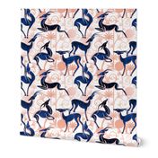 Normal scale // Deco Gazelles Garden // white background navy animals and rose metal textured decorative elements