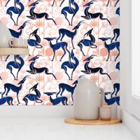 Normal scale // Deco Gazelles Garden // white background navy animals and rose metal textured decorative elements