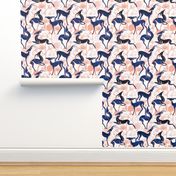 Normal scale // Deco Gazelles Garden // white background navy animals and rose metal textured decorative elements