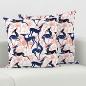 Normal scale // Deco Gazelles Garden // white background navy animals and rose metal textured decorative elements