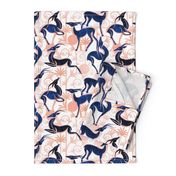 Normal scale // Deco Gazelles Garden // white background navy animals and rose metal textured decorative elements