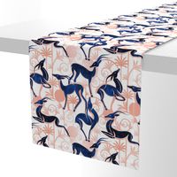 Normal scale // Deco Gazelles Garden // white background navy animals and rose metal textured decorative elements