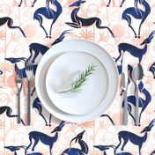 Normal scale // Deco Gazelles Garden // white background navy animals and rose metal textured decorative elements