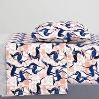 Normal scale // Deco Gazelles Garden // white background navy animals and rose metal textured decorative elements