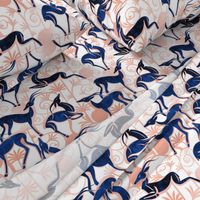 Normal scale // Deco Gazelles Garden // white background navy animals and rose metal textured decorative elements