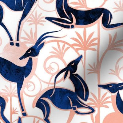 Normal scale // Deco Gazelles Garden // white background navy animals and rose metal textured decorative elements