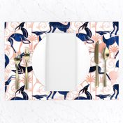 Normal scale // Deco Gazelles Garden // white background navy animals and rose metal textured decorative elements