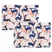 Normal scale // Deco Gazelles Garden // white background navy animals and rose metal textured decorative elements