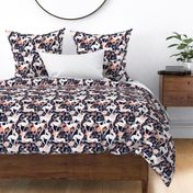 Normal scale // Deco Gazelles Garden // navy background white animals and rose metal textured decorative elements