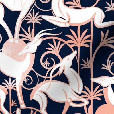 Normal scale // Deco Gazelles Garden // navy background white animals and rose metal textured decorative elements