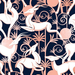 Normal scale // Deco Gazelles Garden // navy background white animals and rose metal textured decorative elements