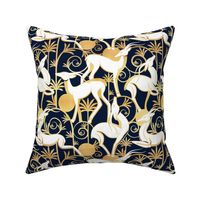 Normal scale // Deco Gazelles Garden // navy background white animals and gold textured decorative elements