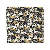 Normal scale // Deco Gazelles Garden // navy background white animals and gold textured decorative elements