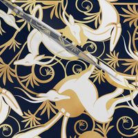 Normal scale // Deco Gazelles Garden // navy background white animals and gold textured decorative elements