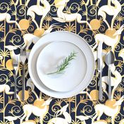 Normal scale // Deco Gazelles Garden // navy background white animals and gold textured decorative elements