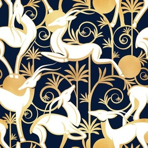 Normal scale // Deco Gazelles Garden // navy background white animals and gold textured decorative elements