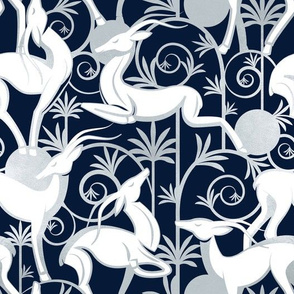 Normal scale // Deco Gazelles Garden // navy background white animals and silver textured decorative elements 