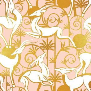 Normal scale // Deco Gazelles Garden // coral background white animals and golden textured decorative elements