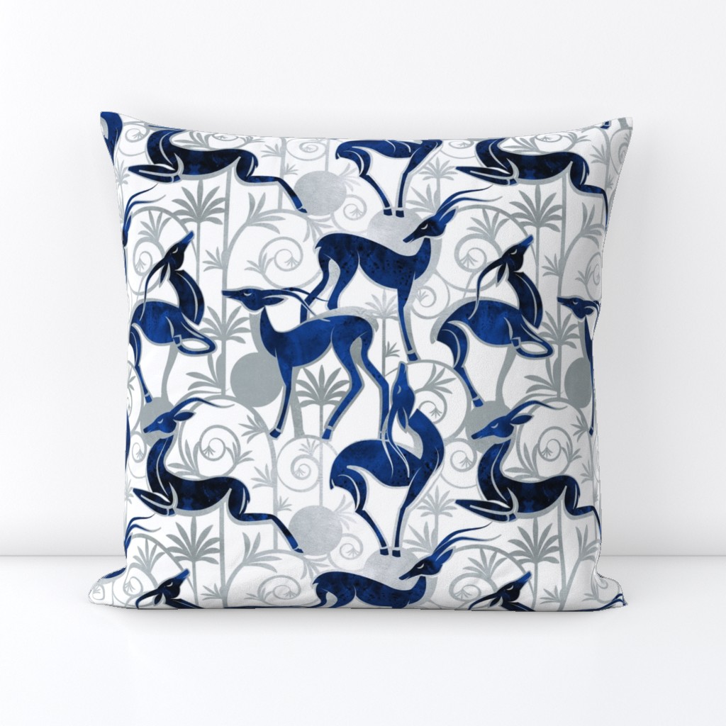 Normal scale // Deco Gazelles Garden // white background navy animals and silver textured decorative elements