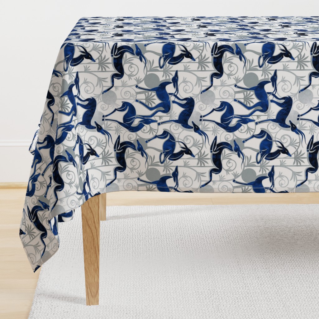 Normal scale // Deco Gazelles Garden // white background navy animals and silver textured decorative elements