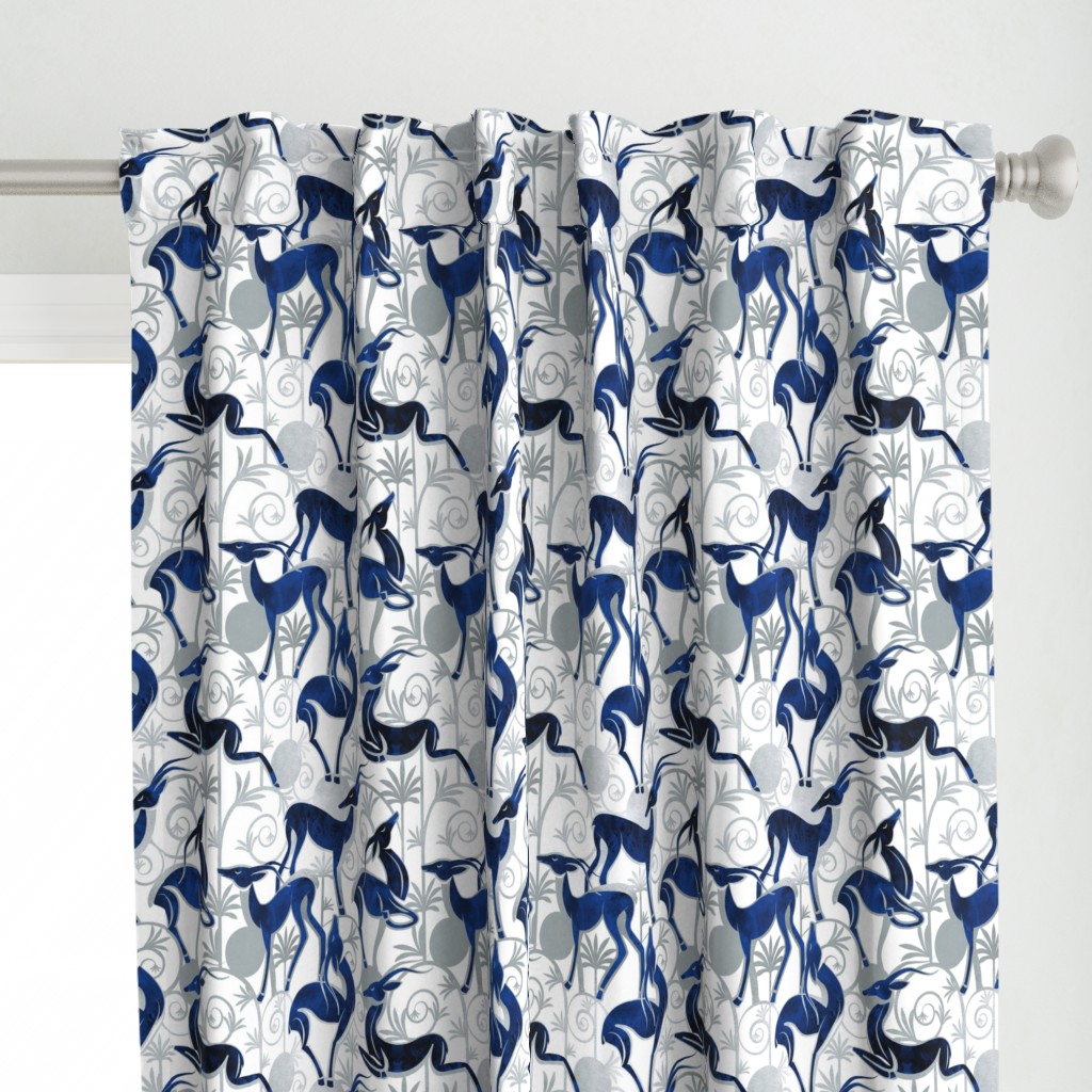 Normal scale // Deco Gazelles Garden // white background navy animals and silver textured decorative elements