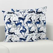 Normal scale // Deco Gazelles Garden // white background navy animals and silver textured decorative elements