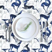 Normal scale // Deco Gazelles Garden // white background navy animals and silver textured decorative elements