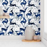 Normal scale // Deco Gazelles Garden // white background navy animals and silver textured decorative elements