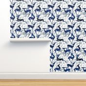 Normal scale // Deco Gazelles Garden // white background navy animals and silver textured decorative elements