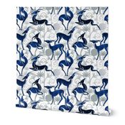 Normal scale // Deco Gazelles Garden // white background navy animals and silver textured decorative elements