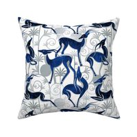 Normal scale // Deco Gazelles Garden // white background navy animals and silver textured decorative elements
