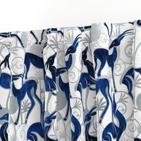 Normal scale // Deco Gazelles Garden // white background navy animals and silver textured decorative elements