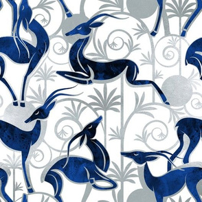 Normal scale // Deco Gazelles Garden // white background navy animals and silver textured decorative elements