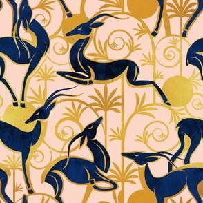 Normal scale // Deco Gazelles Garden //  coral background navy animals and golden textured decorative elements