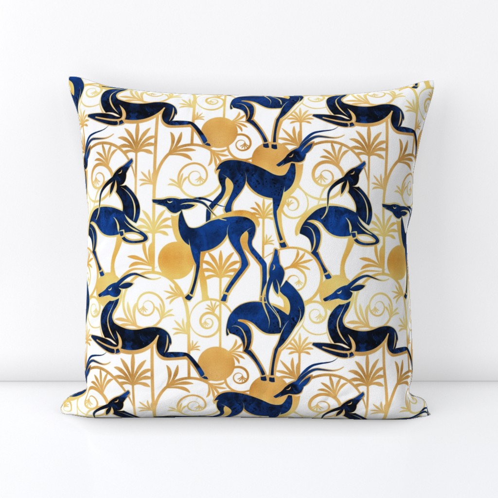 Normal scale // Deco Gazelles Garden // white background navy animals and gold textured decorative elements