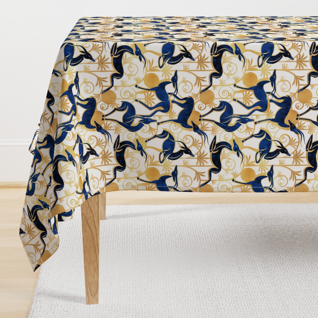 Normal scale // Deco Gazelles Garden // white background navy animals and gold textured decorative elements