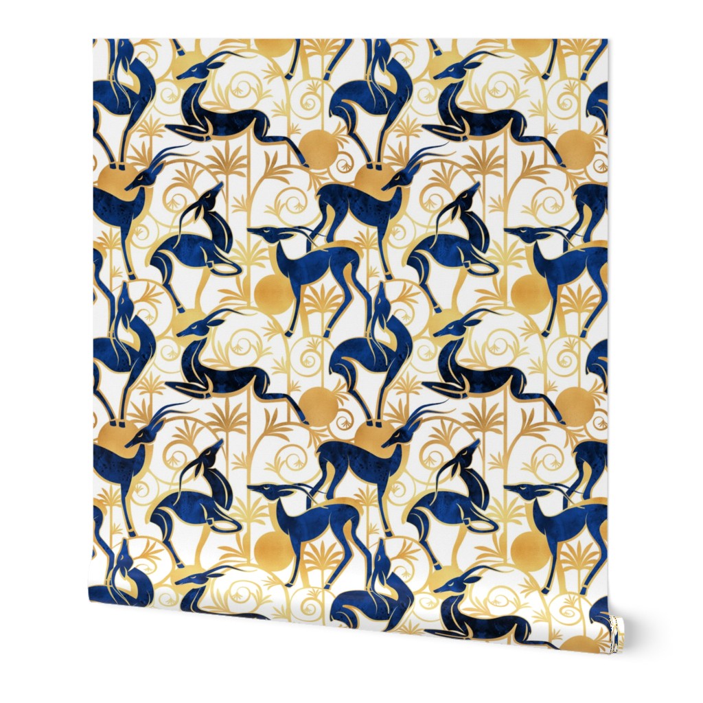 Normal scale // Deco Gazelles Garden // white background navy animals and gold textured decorative elements