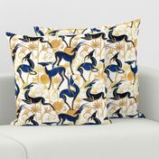 Normal scale // Deco Gazelles Garden // white background navy animals and gold textured decorative elements