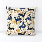 Normal scale // Deco Gazelles Garden // white background navy animals and gold textured decorative elements