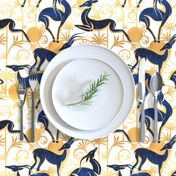 Normal scale // Deco Gazelles Garden // white background navy animals and gold textured decorative elements