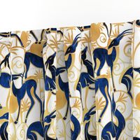 Normal scale // Deco Gazelles Garden // white background navy animals and gold textured decorative elements