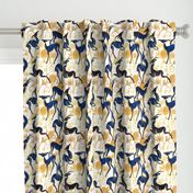 Normal scale // Deco Gazelles Garden // white background navy animals and gold textured decorative elements