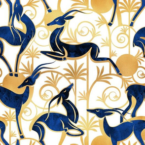 Normal scale // Deco Gazelles Garden // white background navy animals and gold textured decorative elements