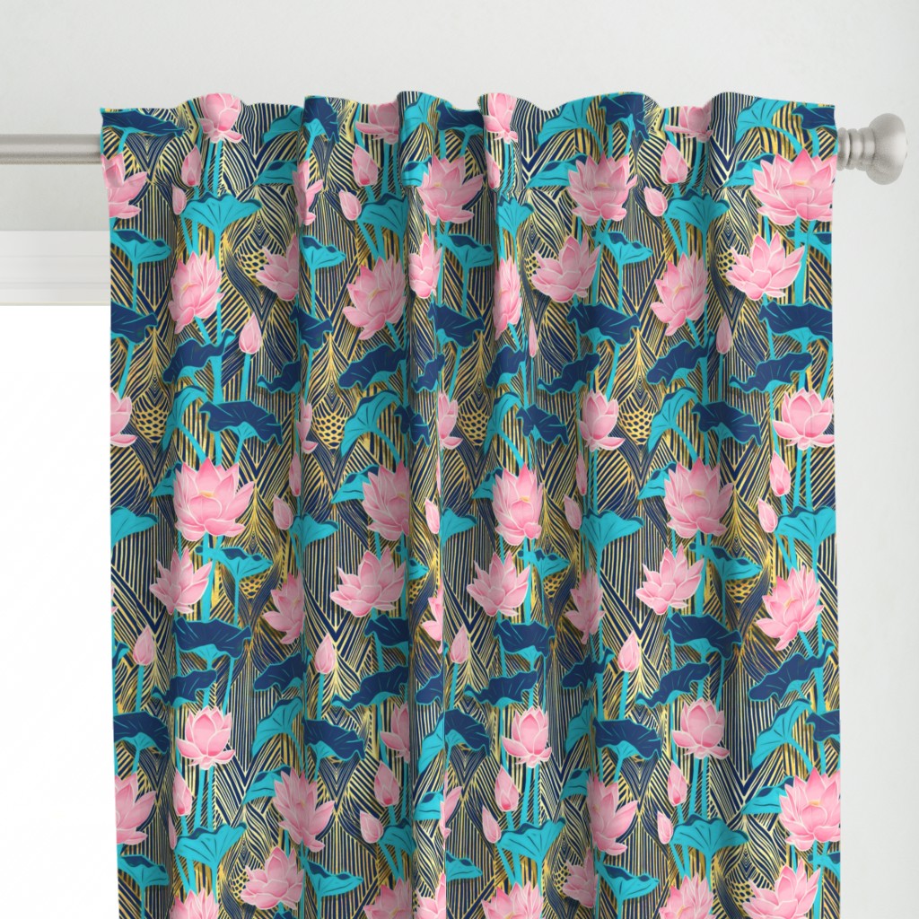 Art Deco Lotus Flowers in Pink & Navy