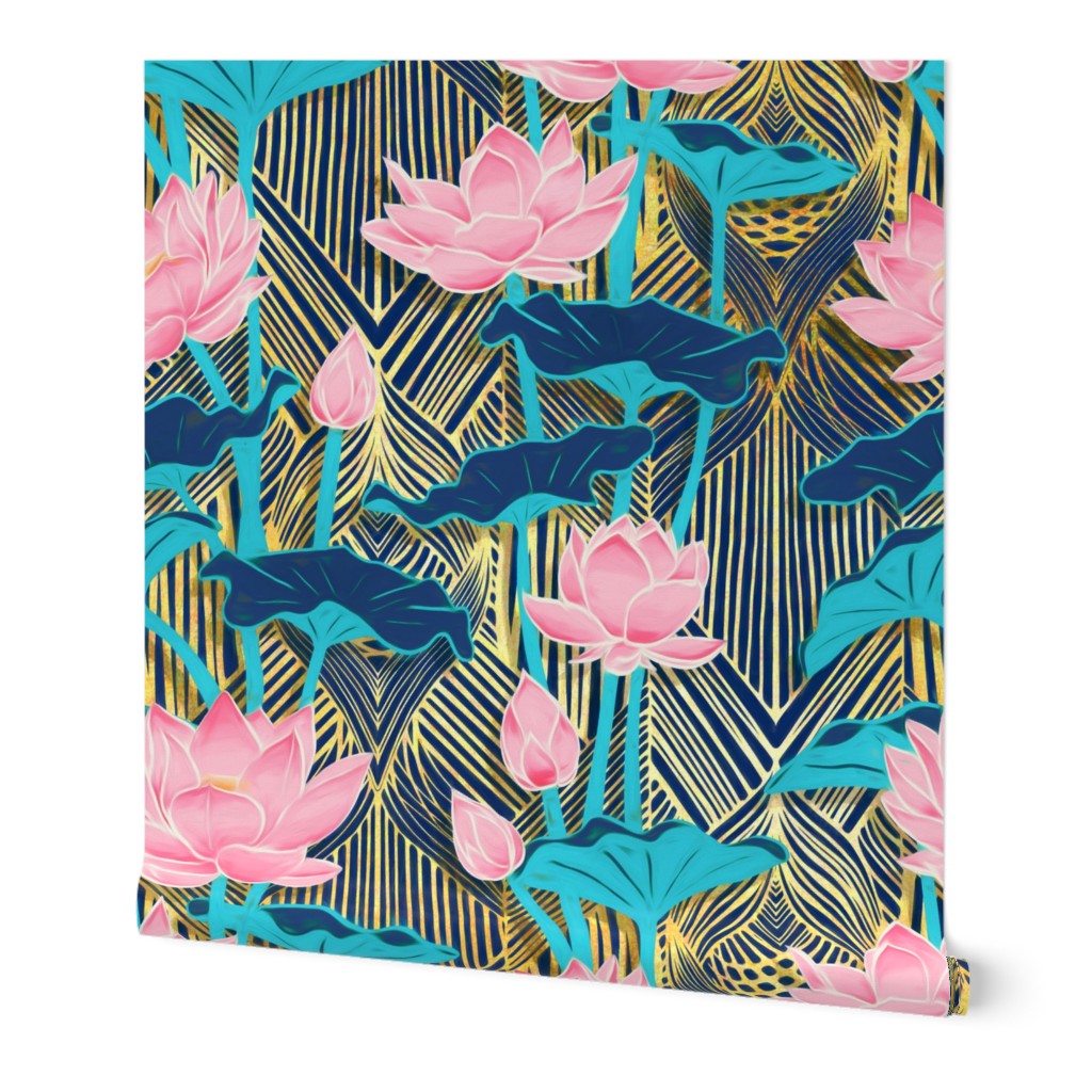 Art Deco Lotus Flowers in Pink & Navy