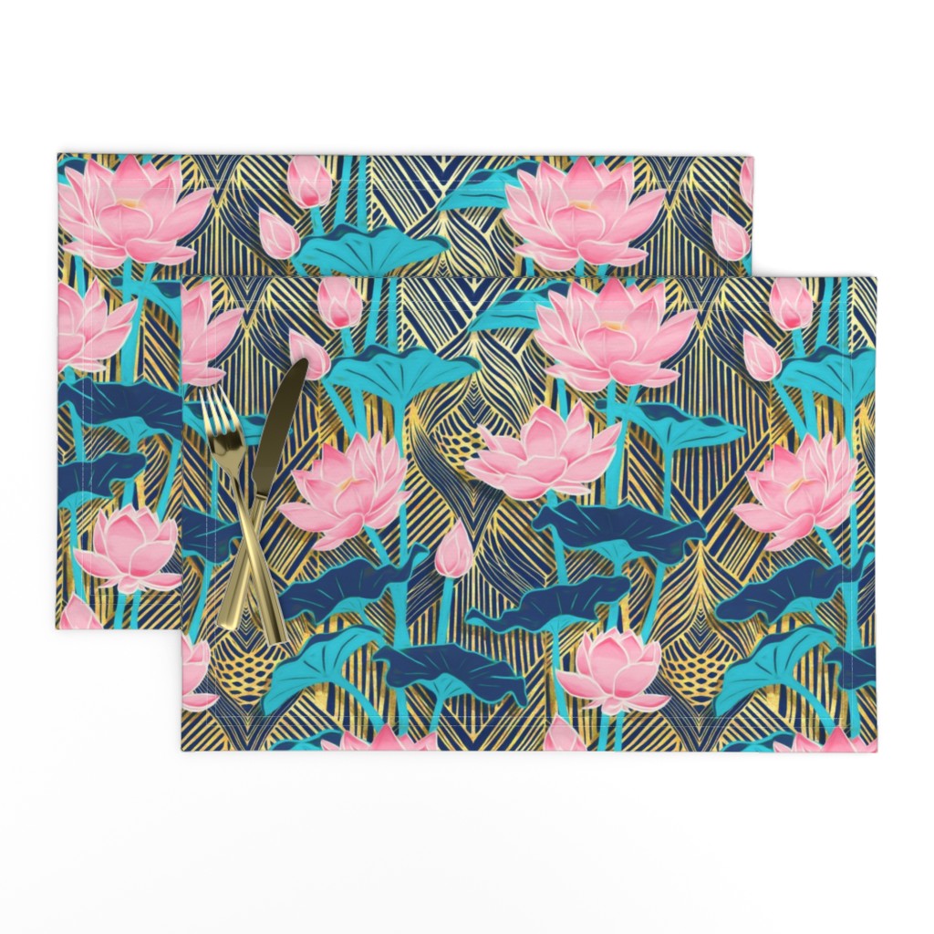 Art Deco Lotus Flowers in Pink & Navy