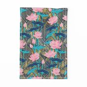 Art Deco Lotus Flowers in Pink & Navy